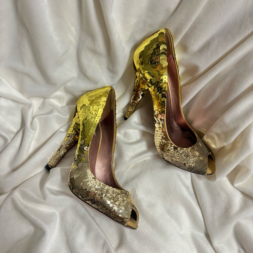 Miu Miu Gold Sequin Peep-Toe Heels - Picture 3 of 7